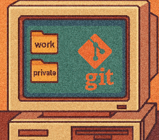 Pixel art of a vintage computer displaying the Git logo and two folder icons labeled "work" and "private."