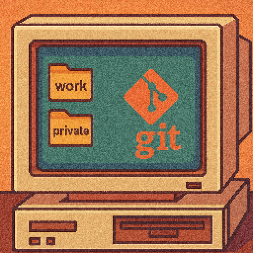 Pixel art of a vintage computer displaying the Git logo and two folder icons labeled "work" and "private."