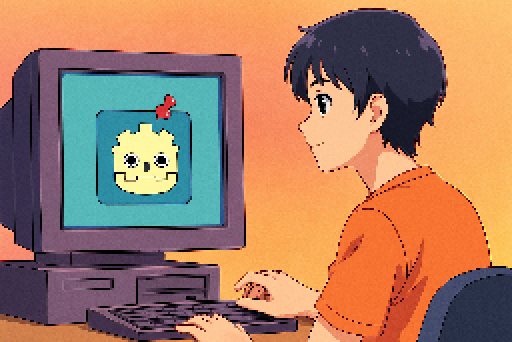 Anime-style illustration of a young man at a computer with the Godot icon on the screen.