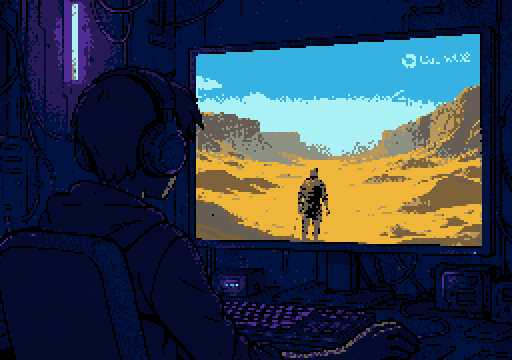 Pixelated image of person playing video-game in dimly lit room