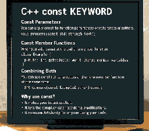 Computer monitor showing C++ const keyword examples, including const parameters, const member functions, and combining both, placed on a wooden desk with a keyboard, mouse, and notepad.