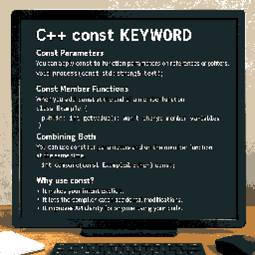 Computer monitor showing C++ const keyword examples, including const parameters, const member functions, and combining both, placed on a wooden desk with a keyboard, mouse, and notepad.