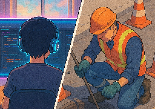 Anime-style split image showing a programmer debugging code indoors on one side, and a construction worker fixing a sewer on the other side, highlighting the contrast between tech and manual labor jobs