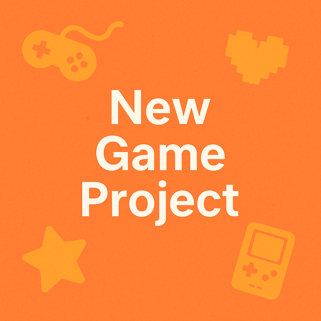 A square orange cover image with white text reading “New Game Project.” Simple gaming icons, including a retro controller, pixel heart, star, and handheld console, appear softly in the corners against the orange background